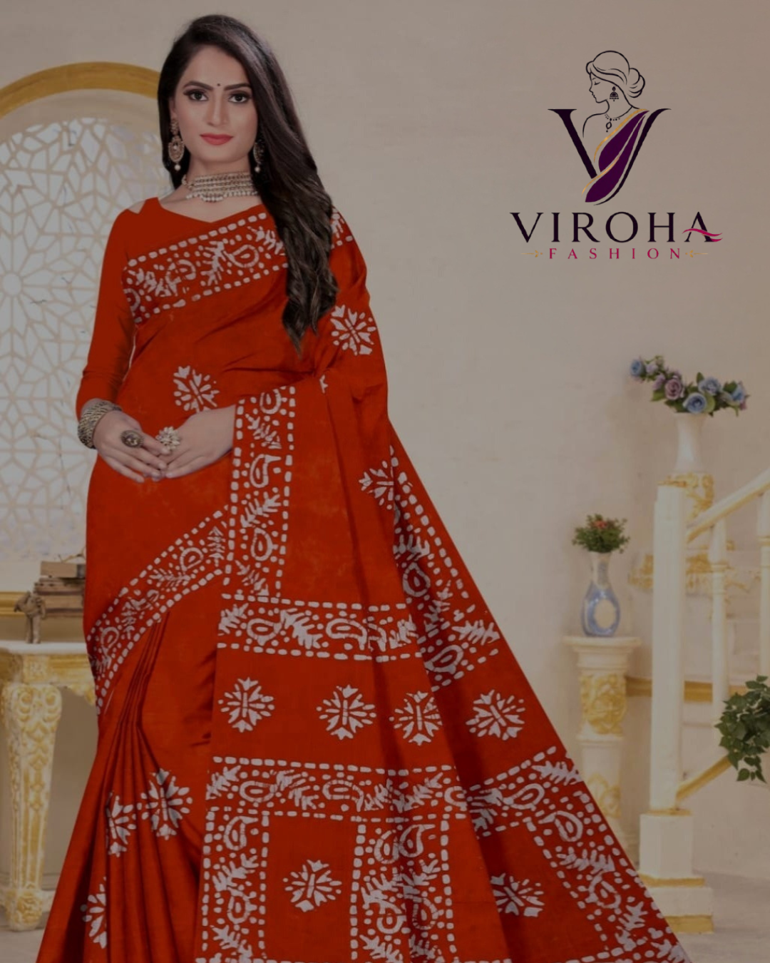 Digital Print Handloom Cotton Linen Saree(Orange)