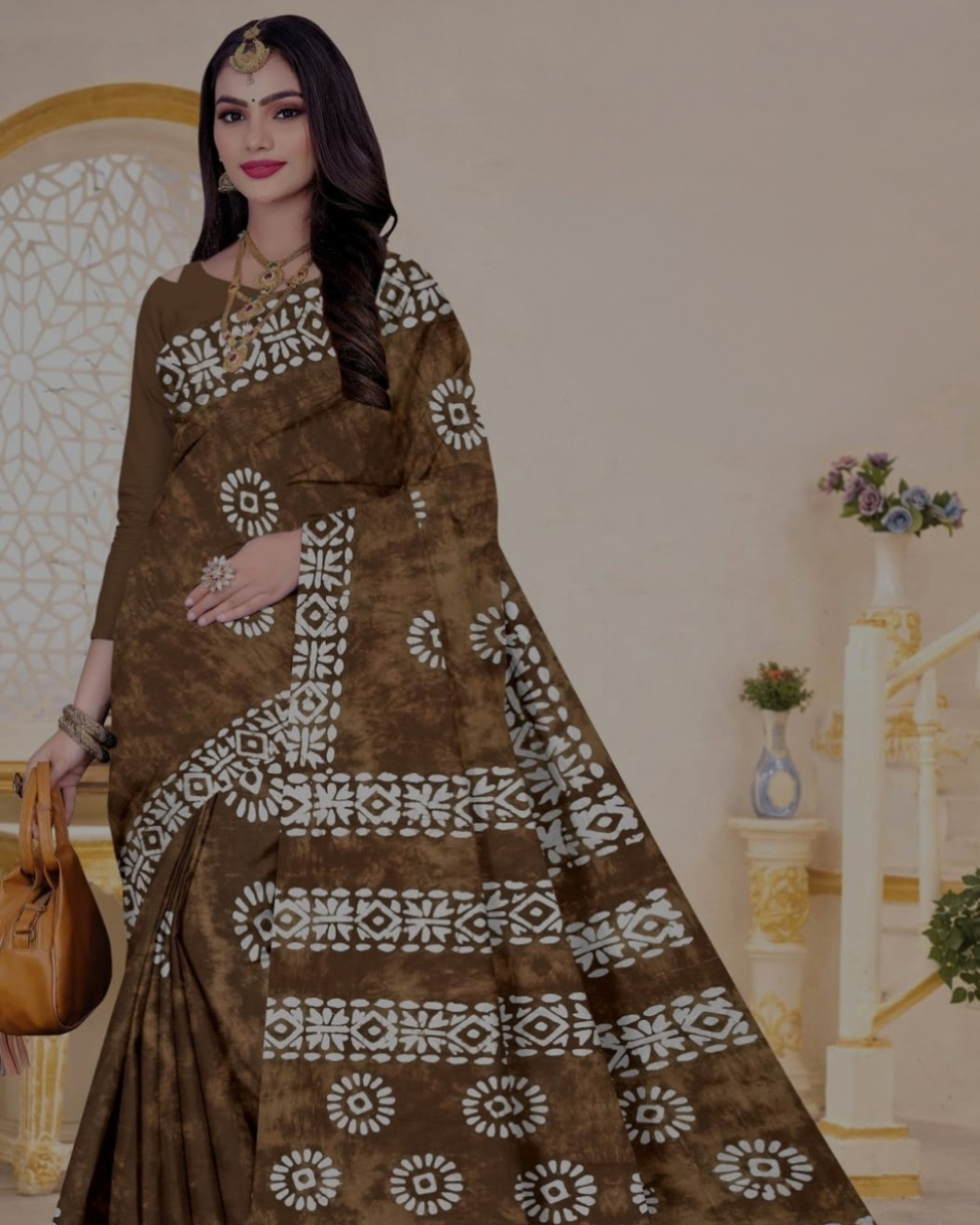  Digital Print Handloom Cotton Linen Saree(Brown)