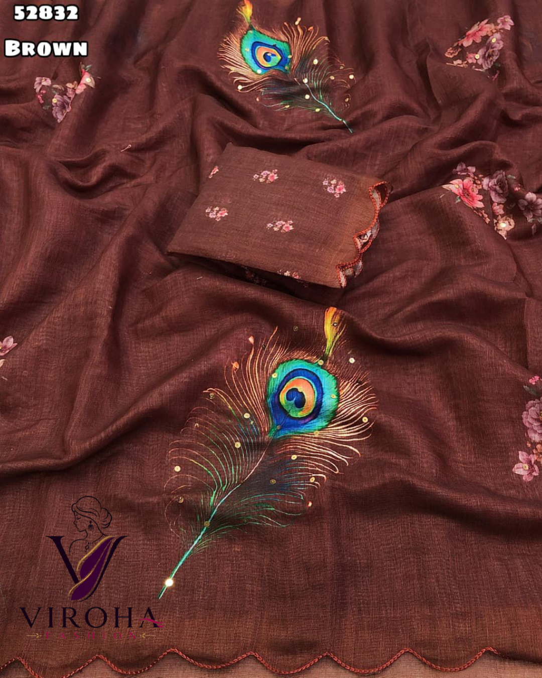 Floral Print Handloom Cotton Linen Saree (Brown)