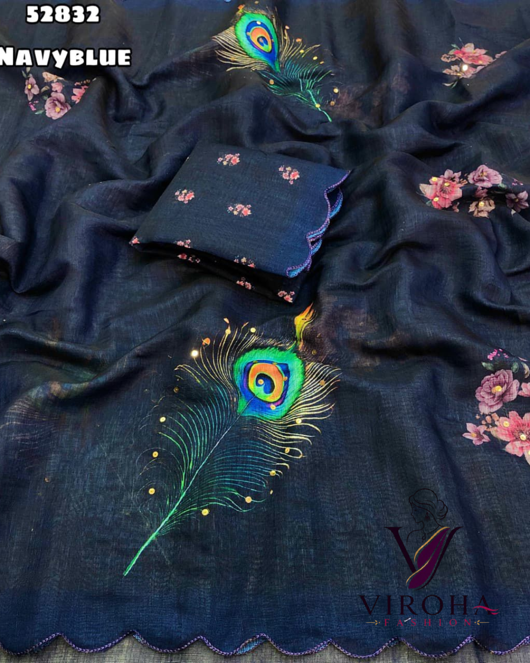 Floral Print Handloom Cotton Linen Saree (Navy Blue)
